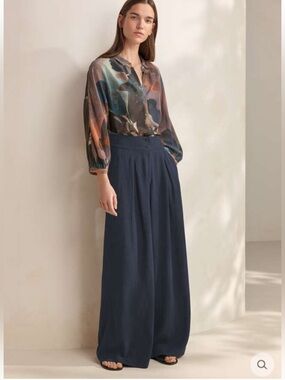Poetry Viscose Linen Wide Leg Trousers Navy Size 8